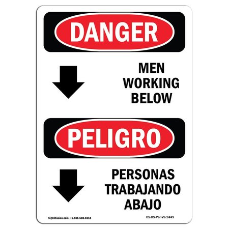 OSHA Danger Sign, Men Working Below Bilingual, 10in X 7in Aluminum, 7 W, 10 L, Bilingual Spanish